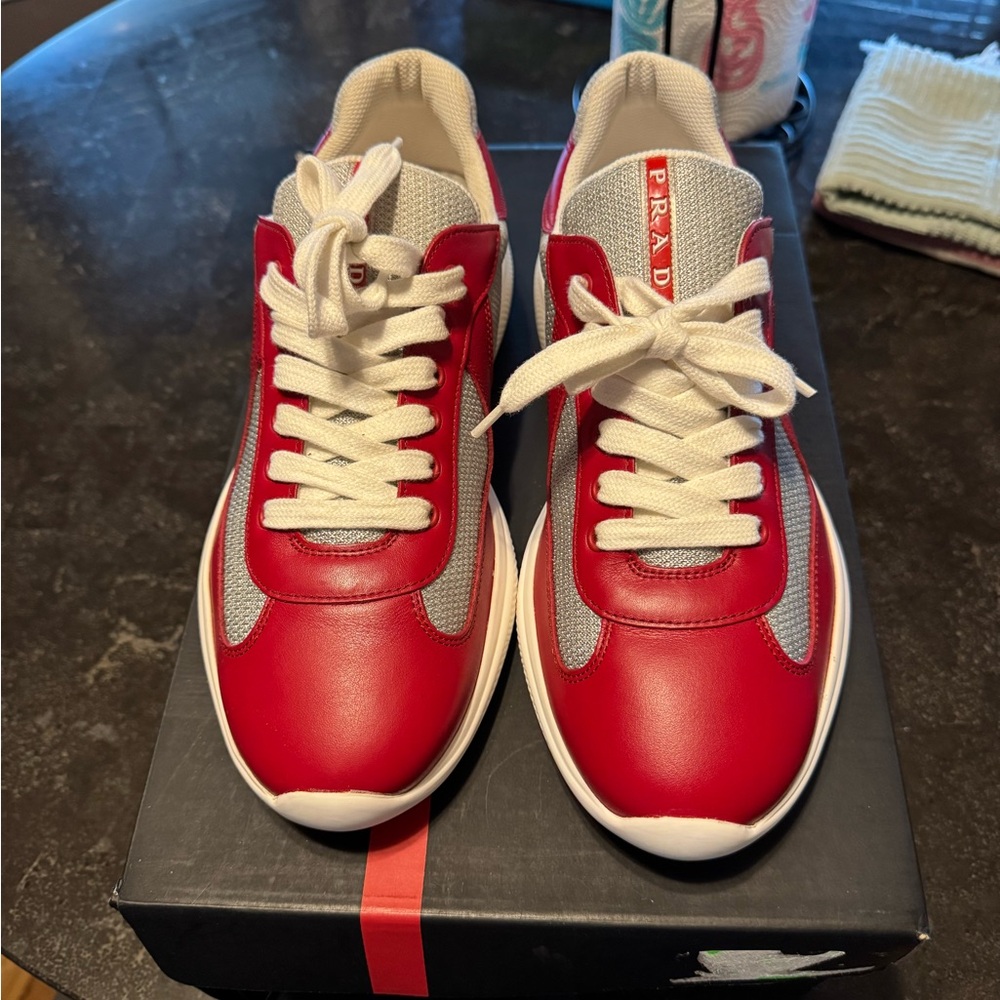 Prada Vibrant Red and Gray Sneakers